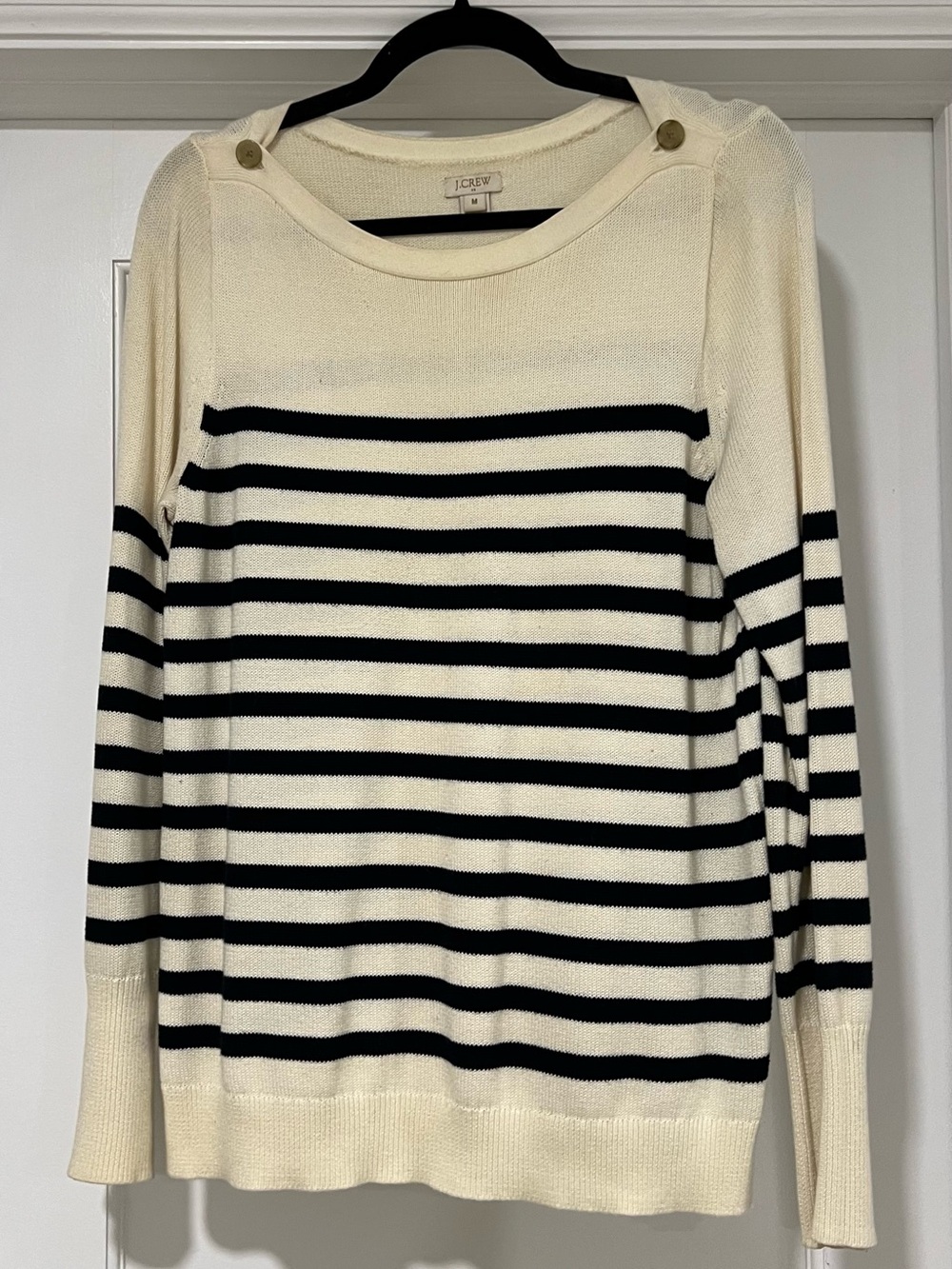 J. Crew Cream and Black Striped Boatneck Sweater with Shoulder Buttons